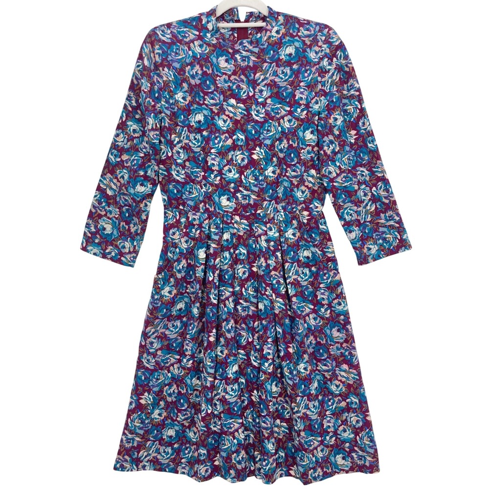 Handmade Purple Floral Pleated Pocket Dress Small Mock Neck Retro